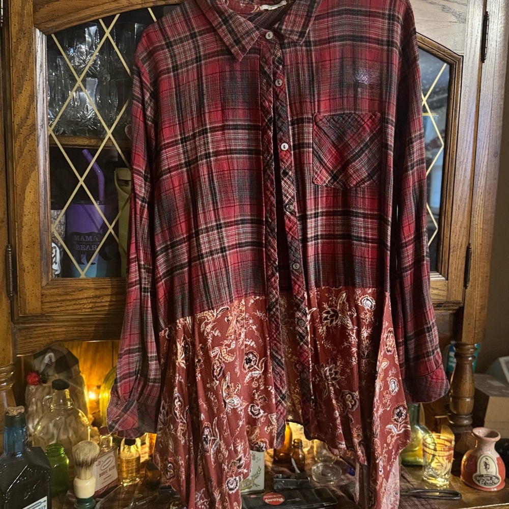 Red Plaid and Floral Button-Up Shirt